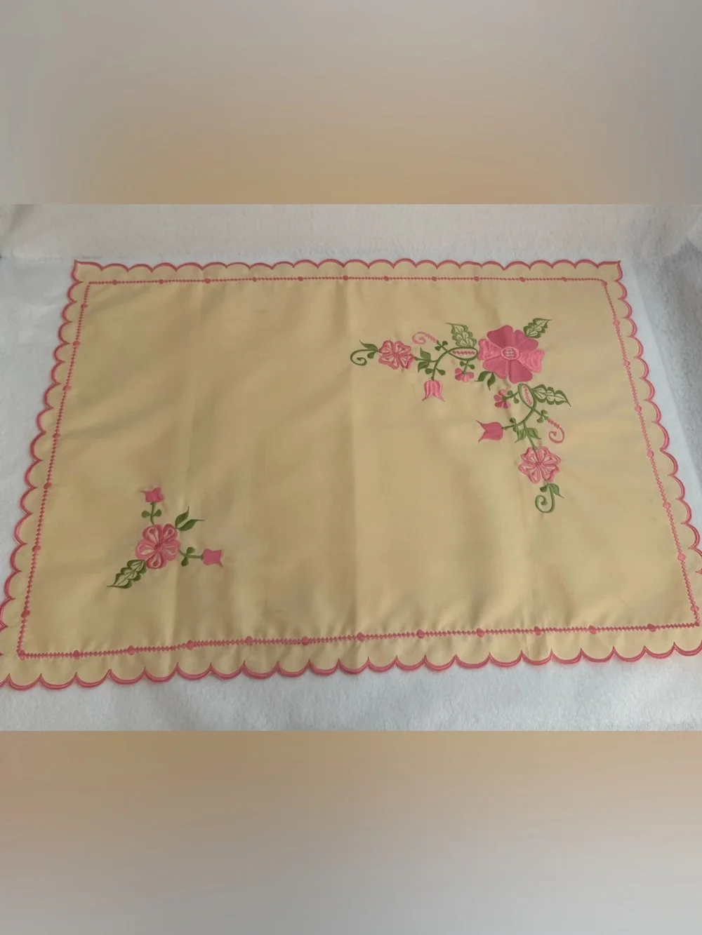 Ivory Pink & Green Floral Embroidered Pillowcase, Scalloped Edge, 33x 23 VTG